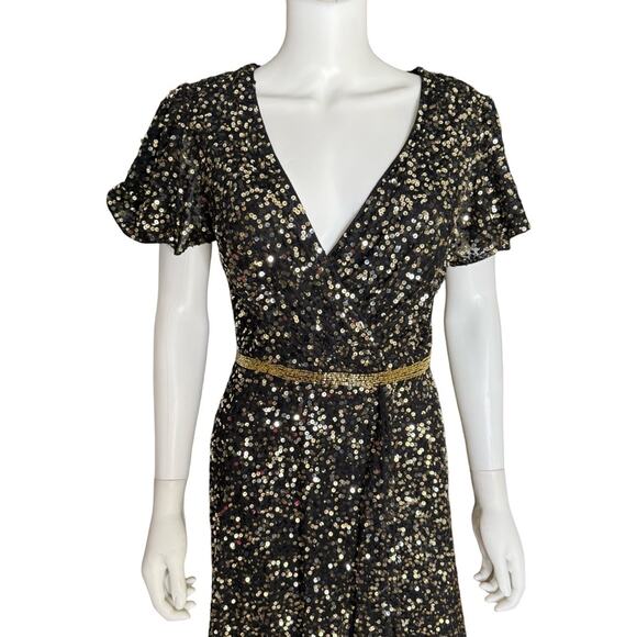 Mac Duggal Black and Gold Sequined Wrap Over Butterfly Sleeve Draped Gown Sz 6 - Picture 4 of 11